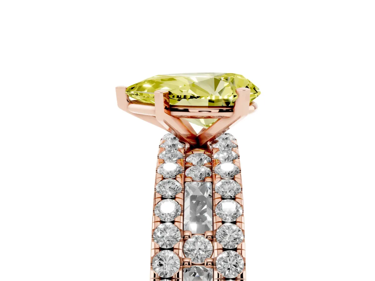 Fancy Yellow Pear Cut Diamond Solitaire Ring with Pavé and Channel Set Band Rose gold