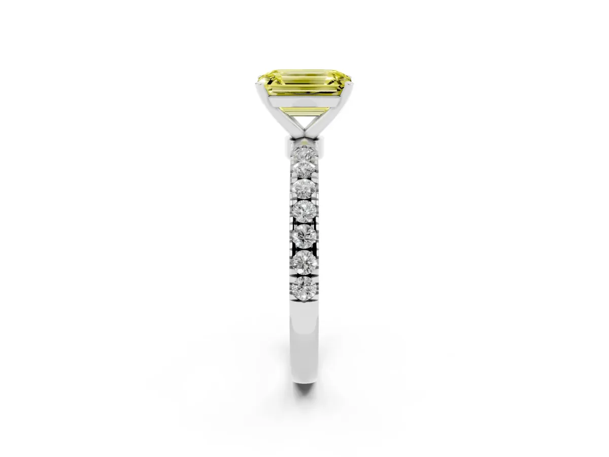 Fancy Yellow Emerald Cut Diamond Solitaire Ring with Pavé Accents and Four-Prong Setting Silver