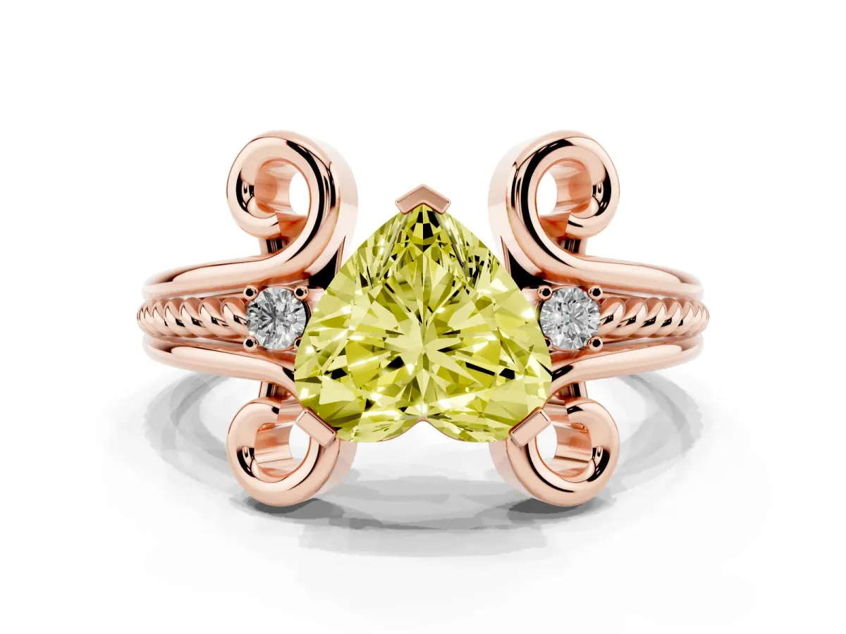 Fancy Yellow Heart Cut Solitaire Twisted Band Scroll Prong Ring Rose gold