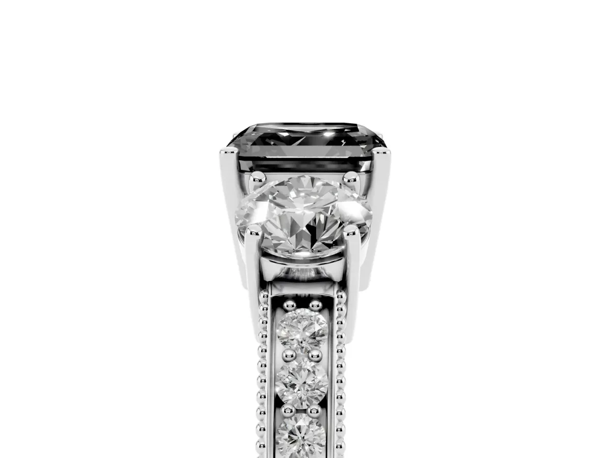 Fancy Black Asscher Cut Three-Stone Diamond Ring with Pavé Band and Four-Prong Setting Silver