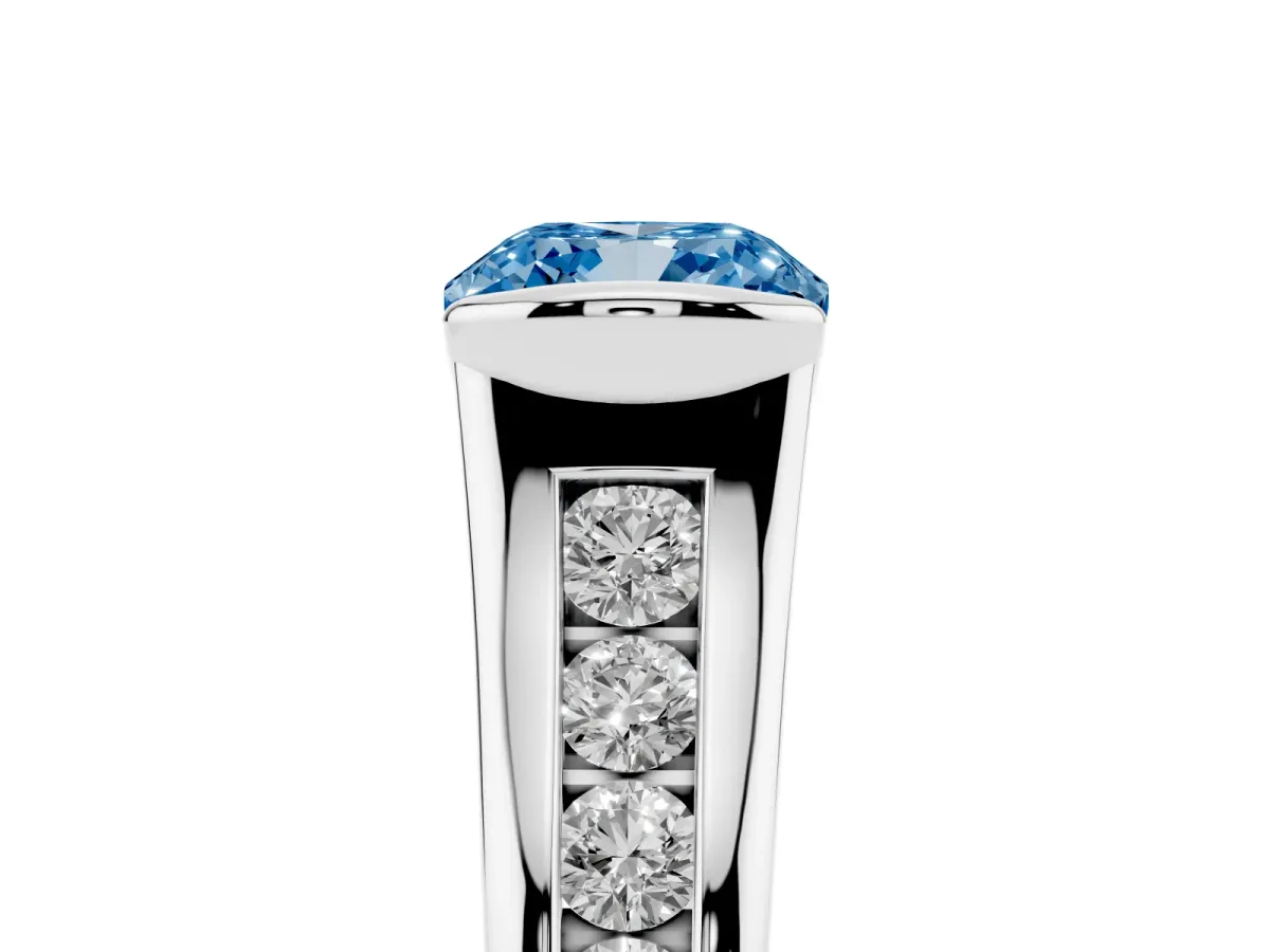 Fancy Blue Cushion Cut Solitaire Bezel-Set Diamond Ring with Channel-Set Band Silver