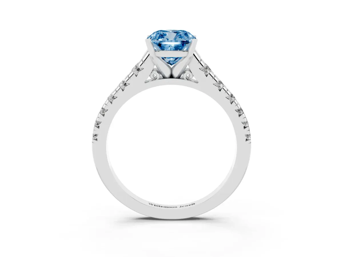 Fancy Blue Cushion Cut Diamond Cathedral Solitaire Ring with Round Pavé Band Silver