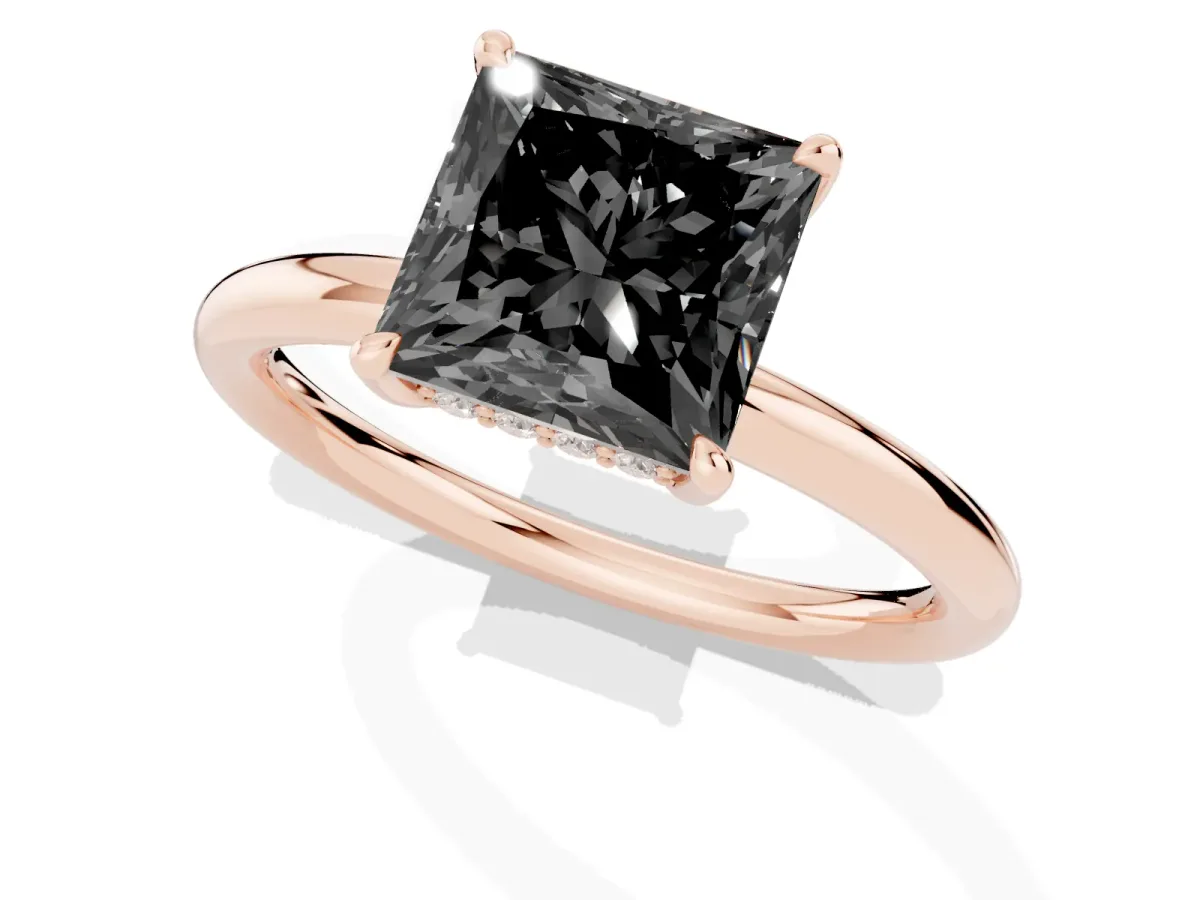 Fancy Black Princess Cut Diamond Solitaire Ring with Thin Band and Four-Prong Setting Rose gold