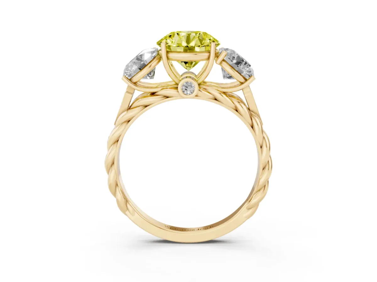 Fancy Yellow Three-Stone Round Cut Diamond Braided Band Ring with Four-Prong Setting Yellow gold
