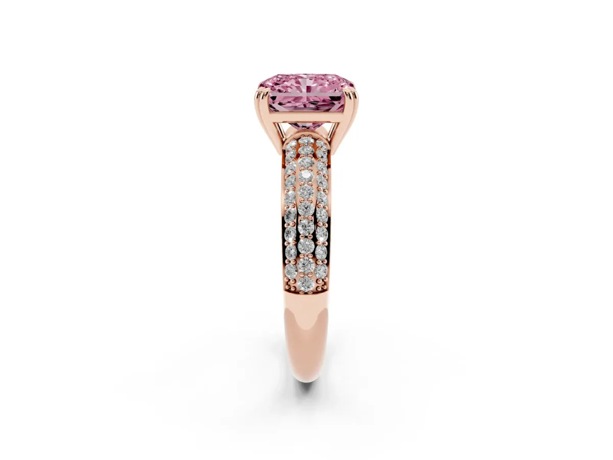 Fancy Pink Radiant Cut Diamond Solitaire Ring with Multi-Row Round Pavé Band and Prong Setting Rose gold