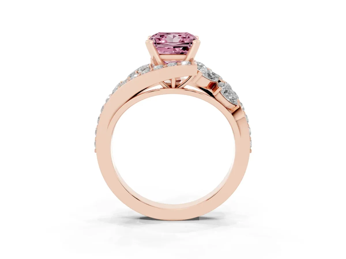 Fancy Pink Princess Cut Diamond Halo Ring with Marquise and Pavé Band in Prong Setting Rose gold