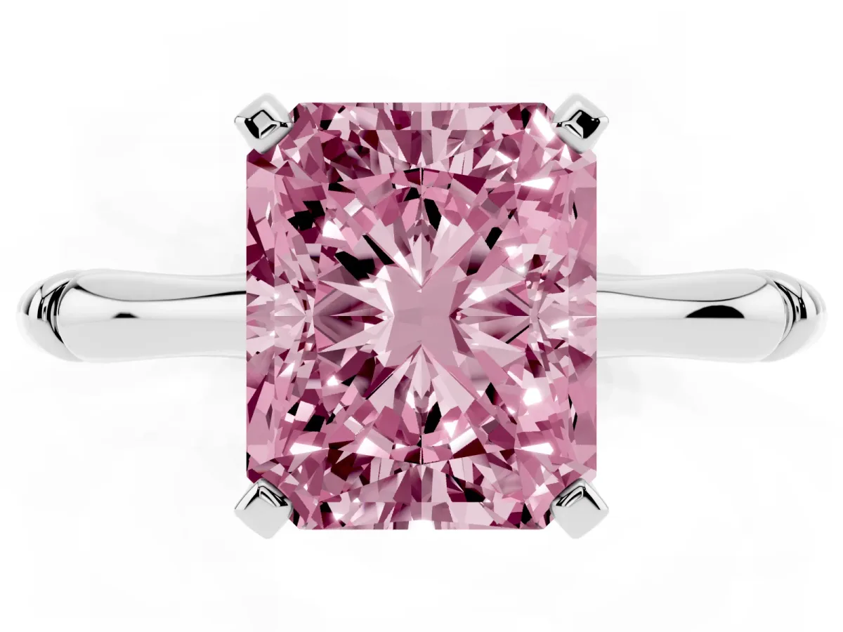 Fancy Pink Radiant Cut Solitaire Diamond Ring with Bamboo Band and Four-Prong Setting Silver