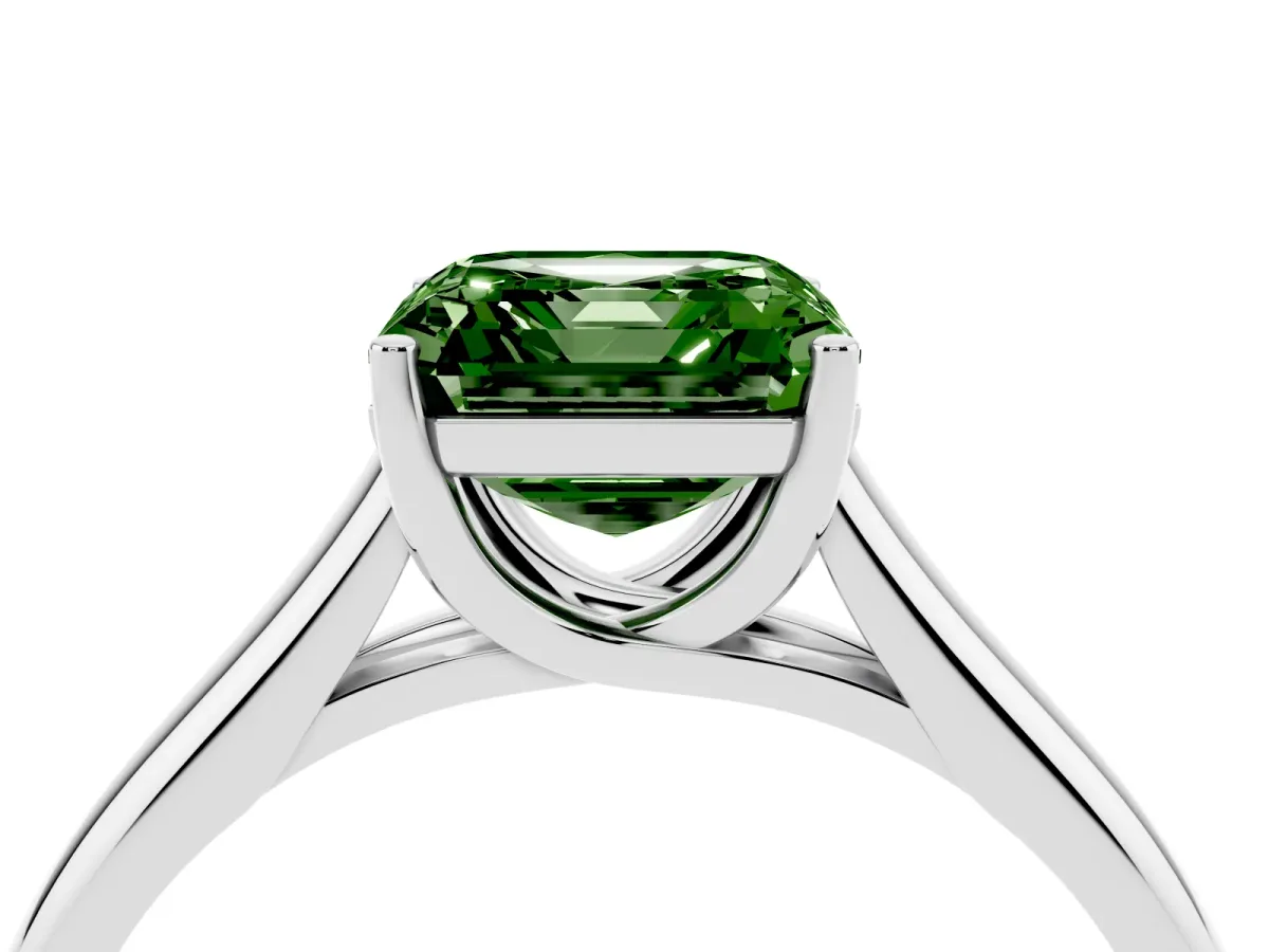Fancy Green Asscher Cut Solitaire Engagement Ring with Tapered Band and Four-Prong Setting Silver