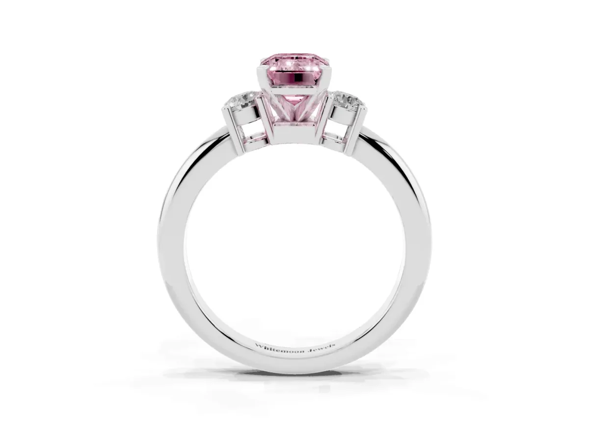 Fancy Pink Three-Stone Emerald Cut Cut Diamond Solitaire with Prong Setting and Classic Band Silver