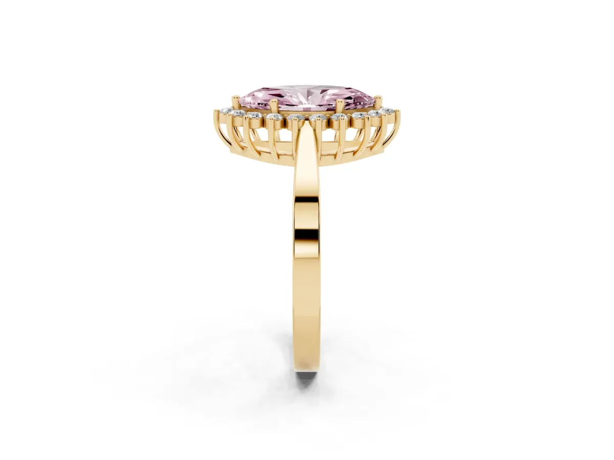 Fancy Pink Marquise Cut Cut Diamond Halo Ring with Round Brilliant Halo and Solitaire Band Yellow gold