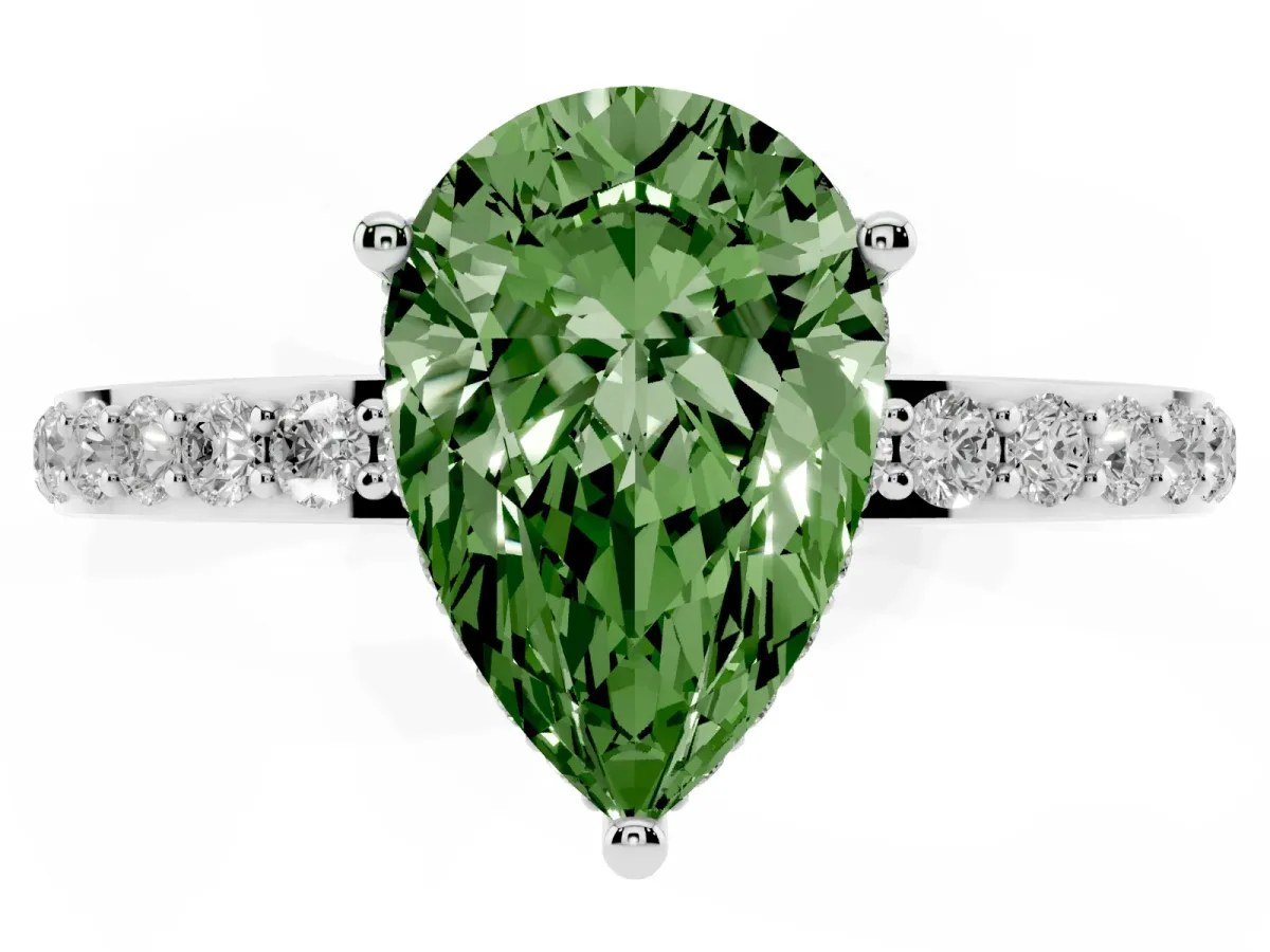 Fancy Green Pear Cut Diamond Solitaire Ring with Pavé Band and Hidden Halo Platinum