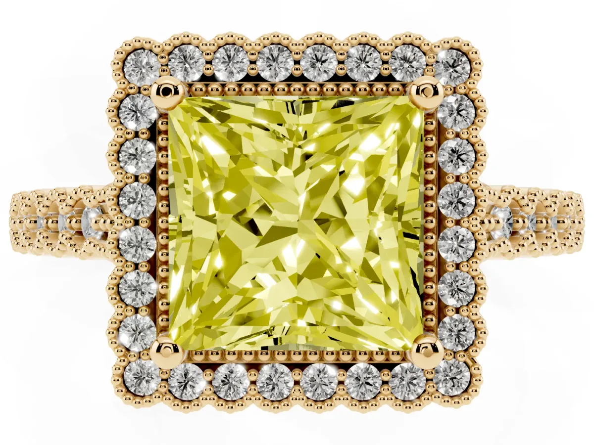 Fancy Yellow Princess Cut Cut Halo Pavé Solitaire Ring with Milgrain Band Yellow gold