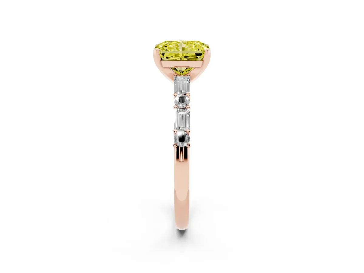 Fancy Yellow Radiant Cut Diamond Solitaire with Side Baguettes and Channel Set Band Rose gold