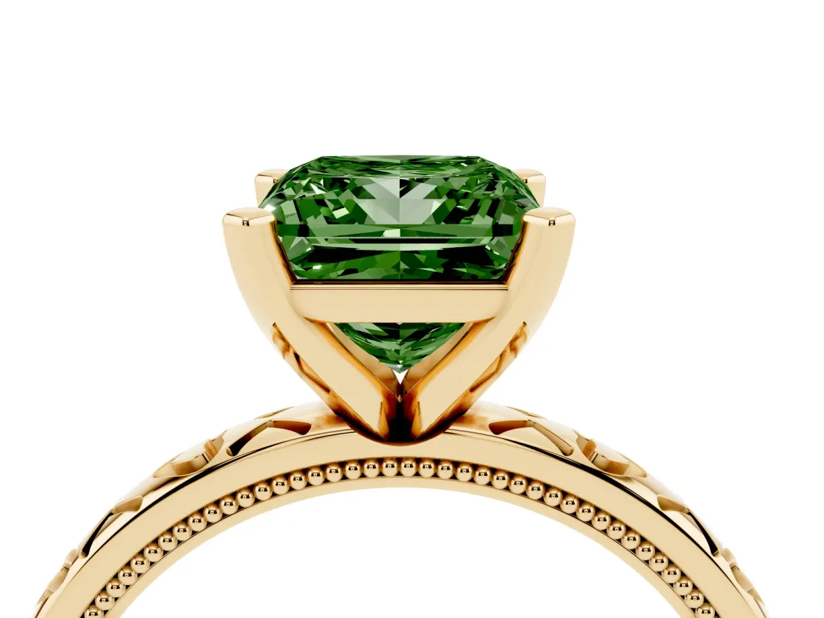 Fancy Green Princess Cut Solitaire Diamond Engagement Ring with XO Engraved Band and Four-Prong Setting Yellow gold