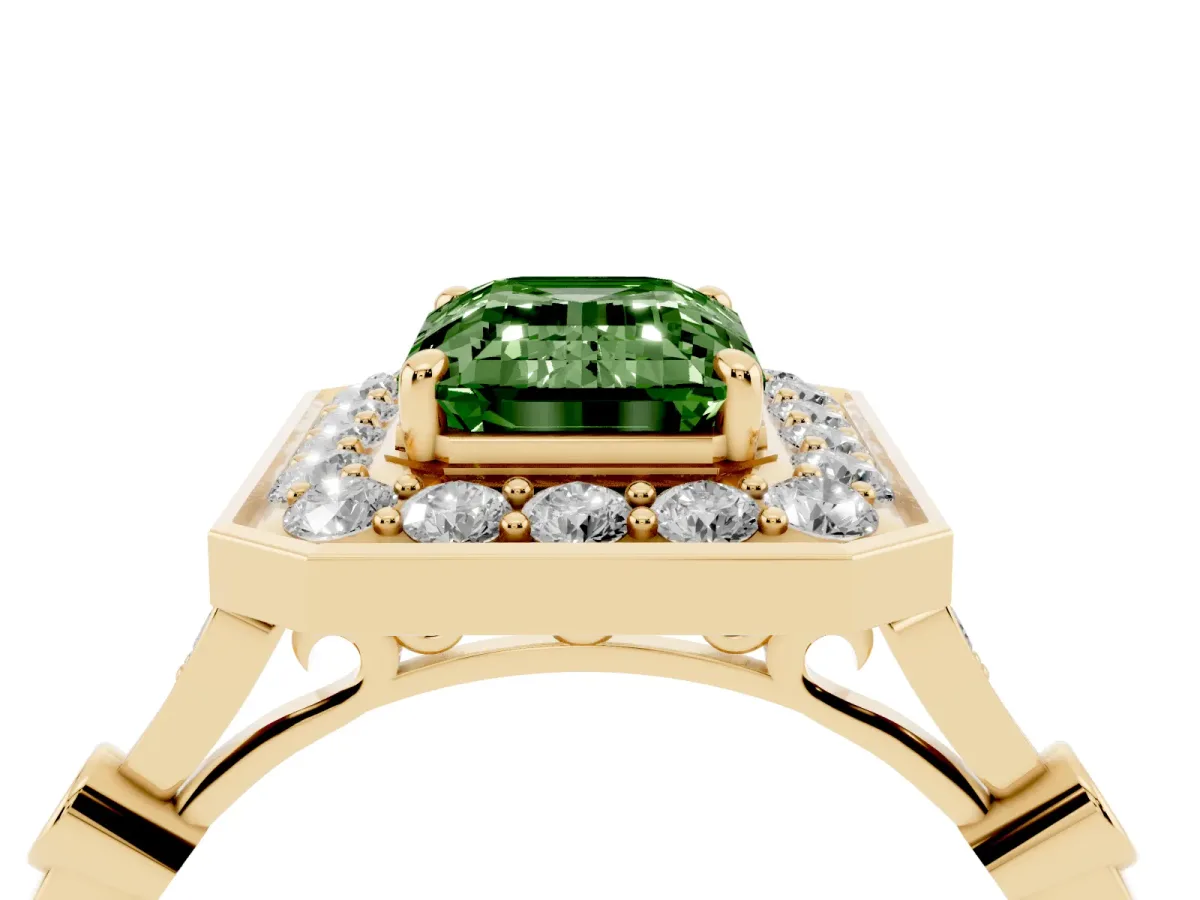 Fancy Green Emerald Cut Halo Diamond Engagement Ring with Twisted Band and Four-Prong Setting Yellow gold