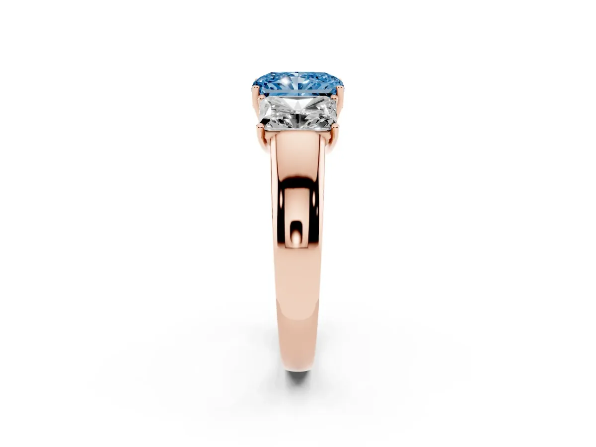 Fancy Blue Three-Stone Radiant Cut Cut Diamond Ring with Prong Setting and Classic Band Rose gold