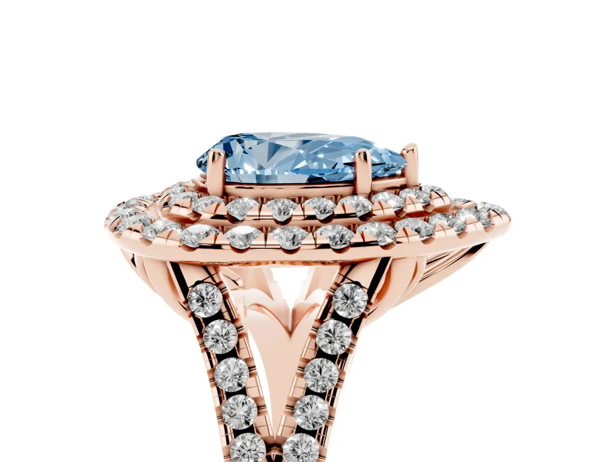 Fancy Blue Double Halo Pear Cut Diamond Pavé Split Shank Ring with Prong Setting Rose gold