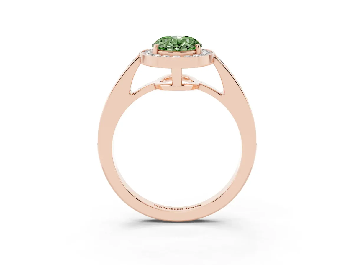 Fancy Green Oval Cut Halo Pavé Diamond Engagement Ring with Bezel Setting Rose gold