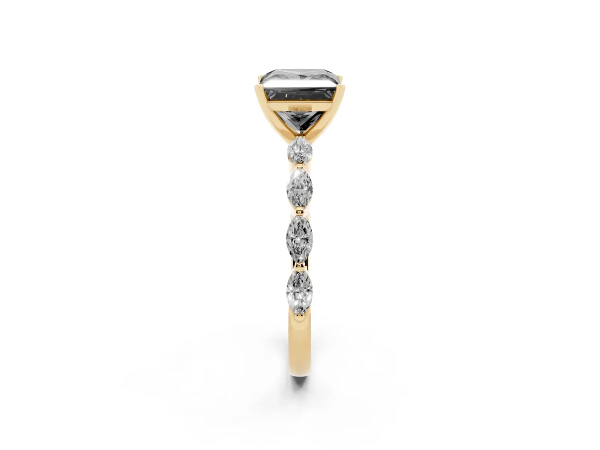 Fancy Black Princess Cut Diamond Ring with Marquise Side Stones and Prong Setting Yellow gold