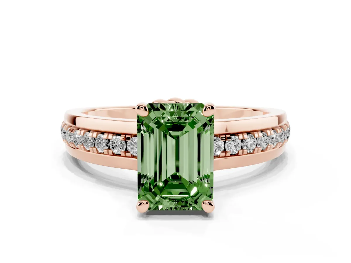 Fancy Green Emerald Cut Solitaire Diamond Ring with Channel Set Band and Six-Prong Setting Rose gold