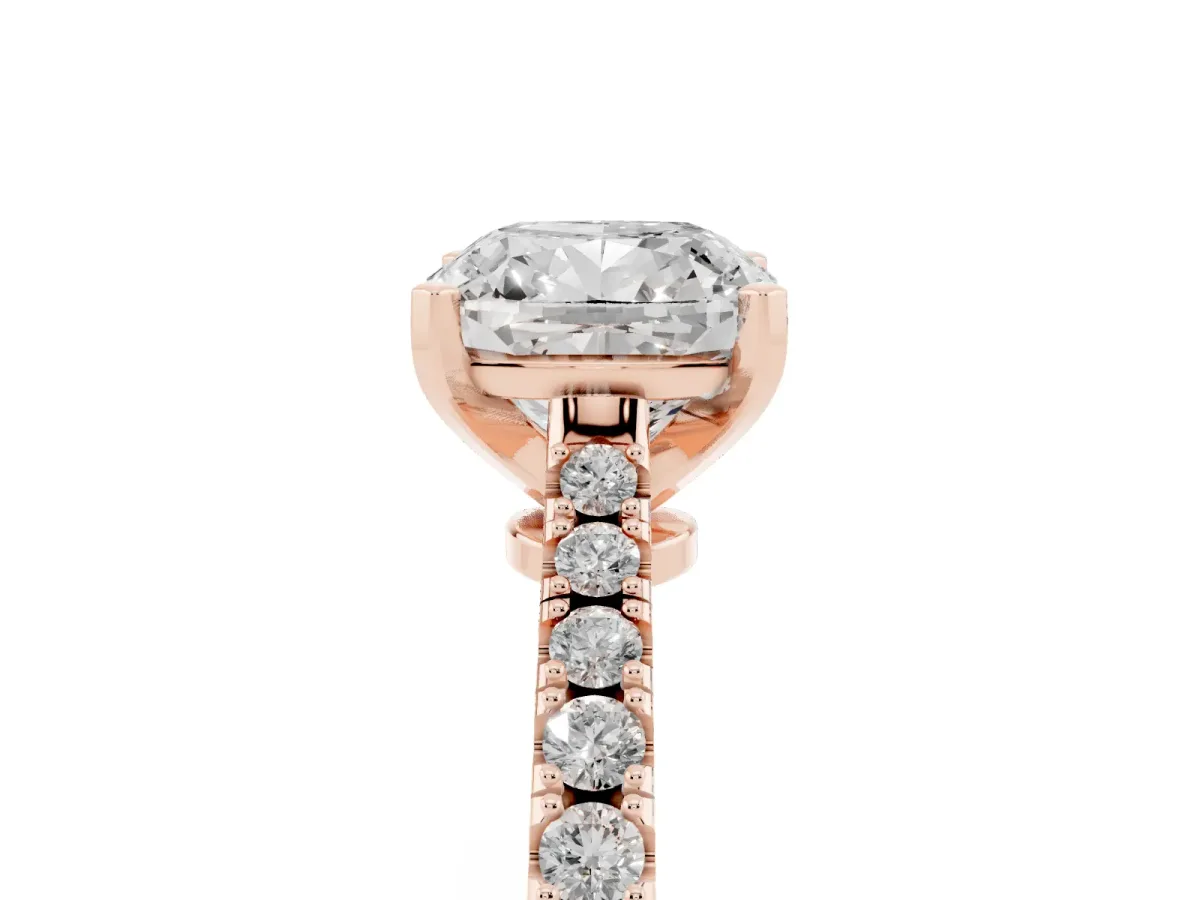 Cushion Cut Cut Solitaire Diamond Engagement Ring with Pave Band and Four-Prong Setting Rose gold