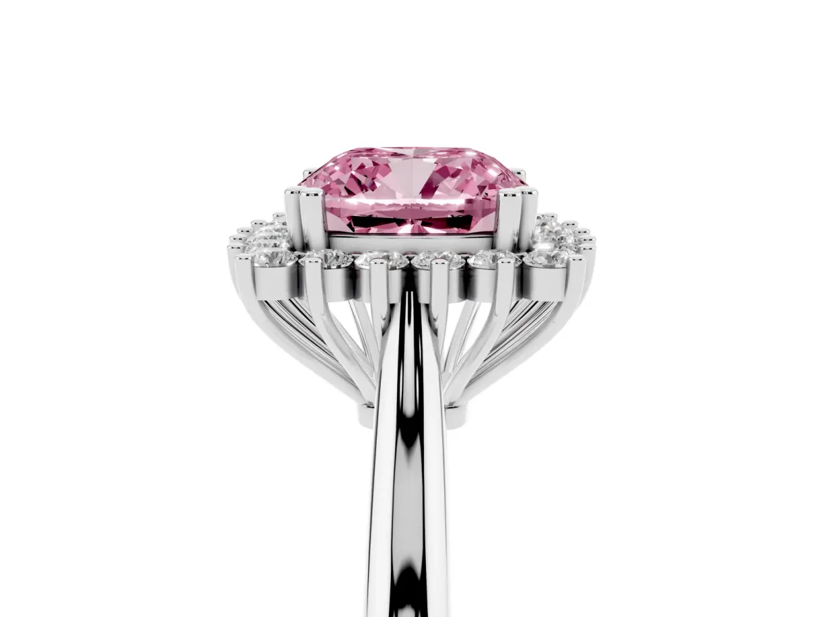 Fancy Pink Cushion Cut Cut Diamond Halo Ring with Solitaire Band and Prong Setting Silver