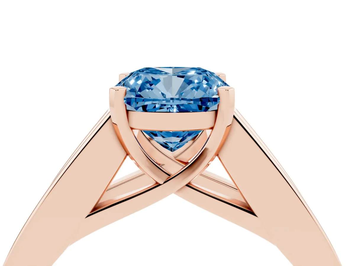 Fancy Blue Cushion Cut Cut Channel Set Solitaire Ring with Four-Prong Setting Rose gold