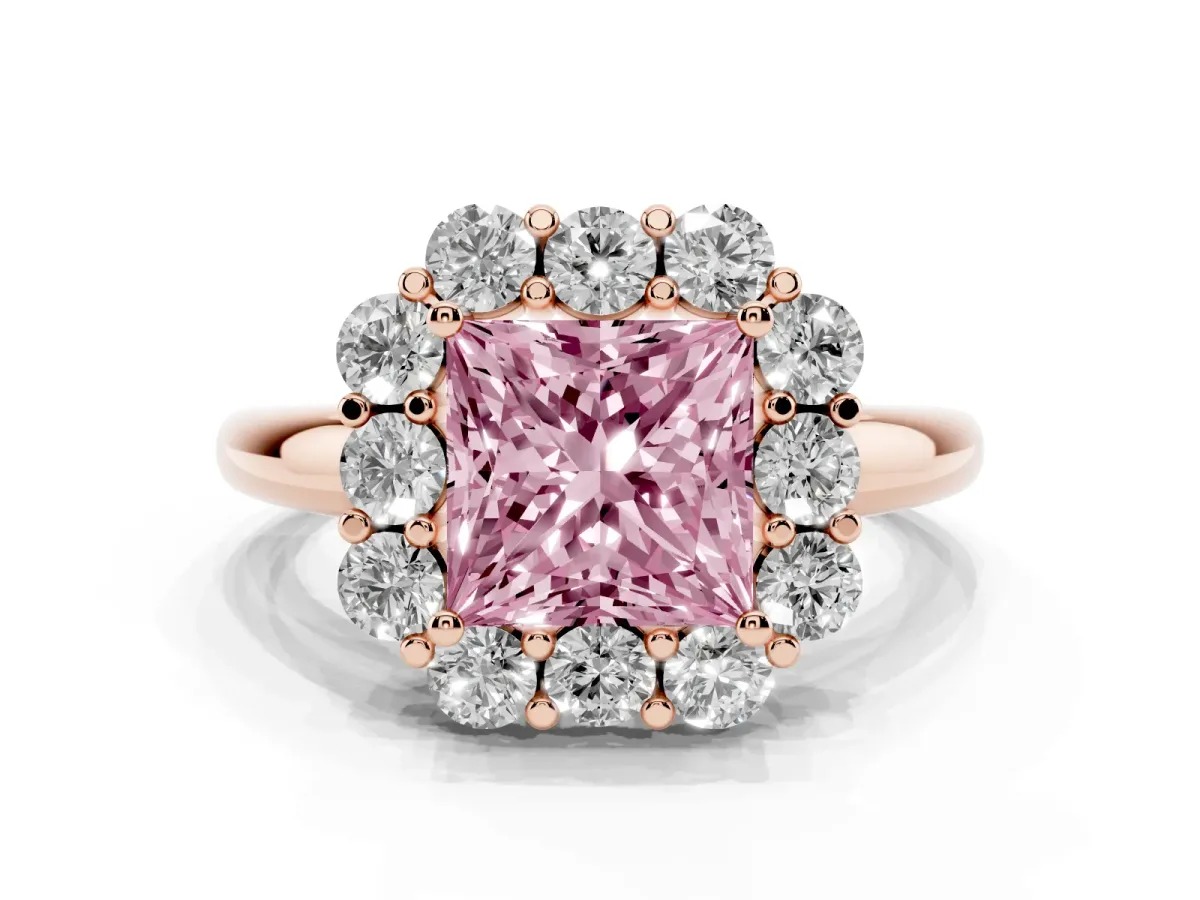 Fancy Pink Princess Cut Halo Milgrain Solitaire with Bezel Set Side Stones and Pave Band Rose gold