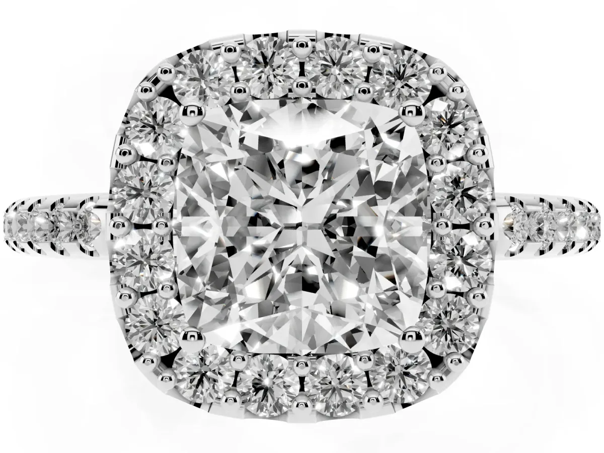 Cushion Cut Diamond Pavé Halo Ring with Four-Prong Setting Silver