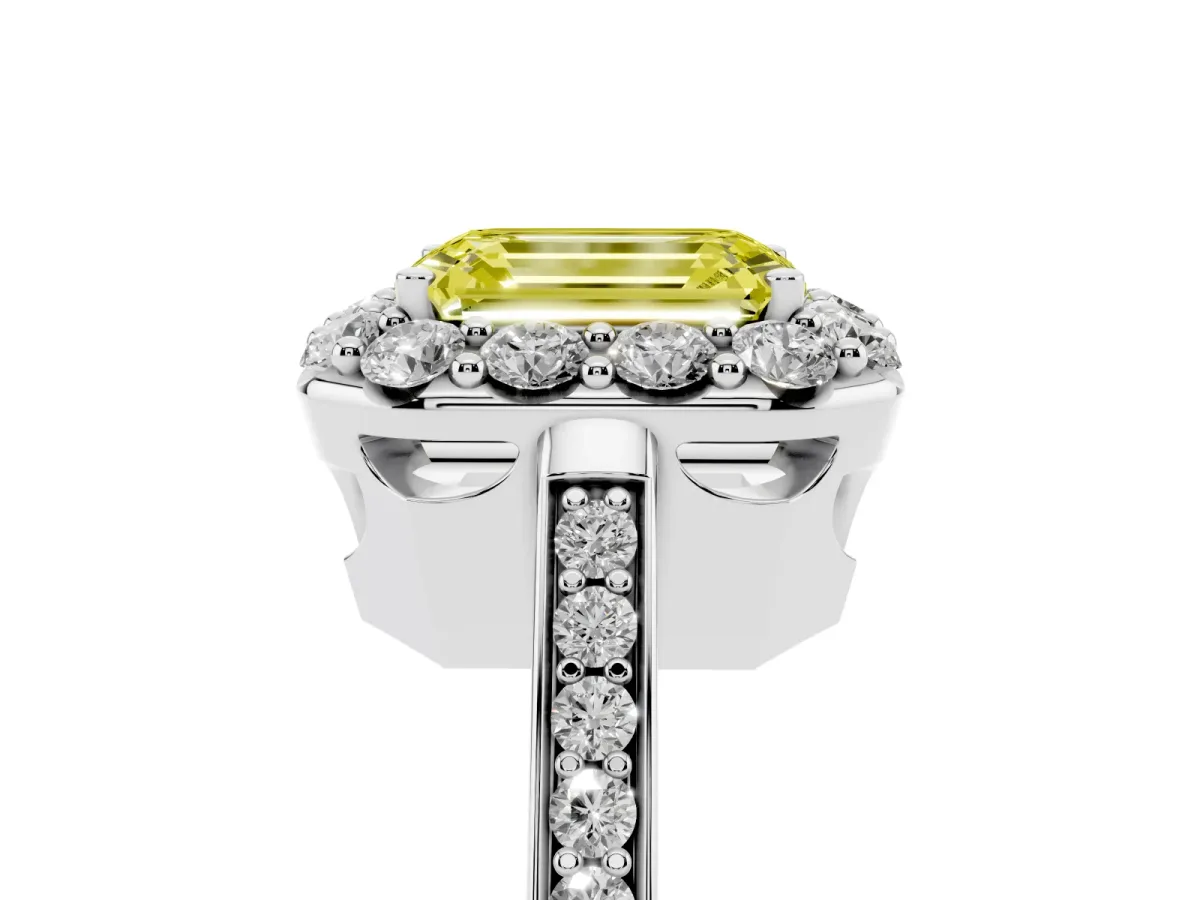 Fancy Yellow Emerald Cut Diamond Floral Halo Ring with Pavé Band and Prong Setting Silver