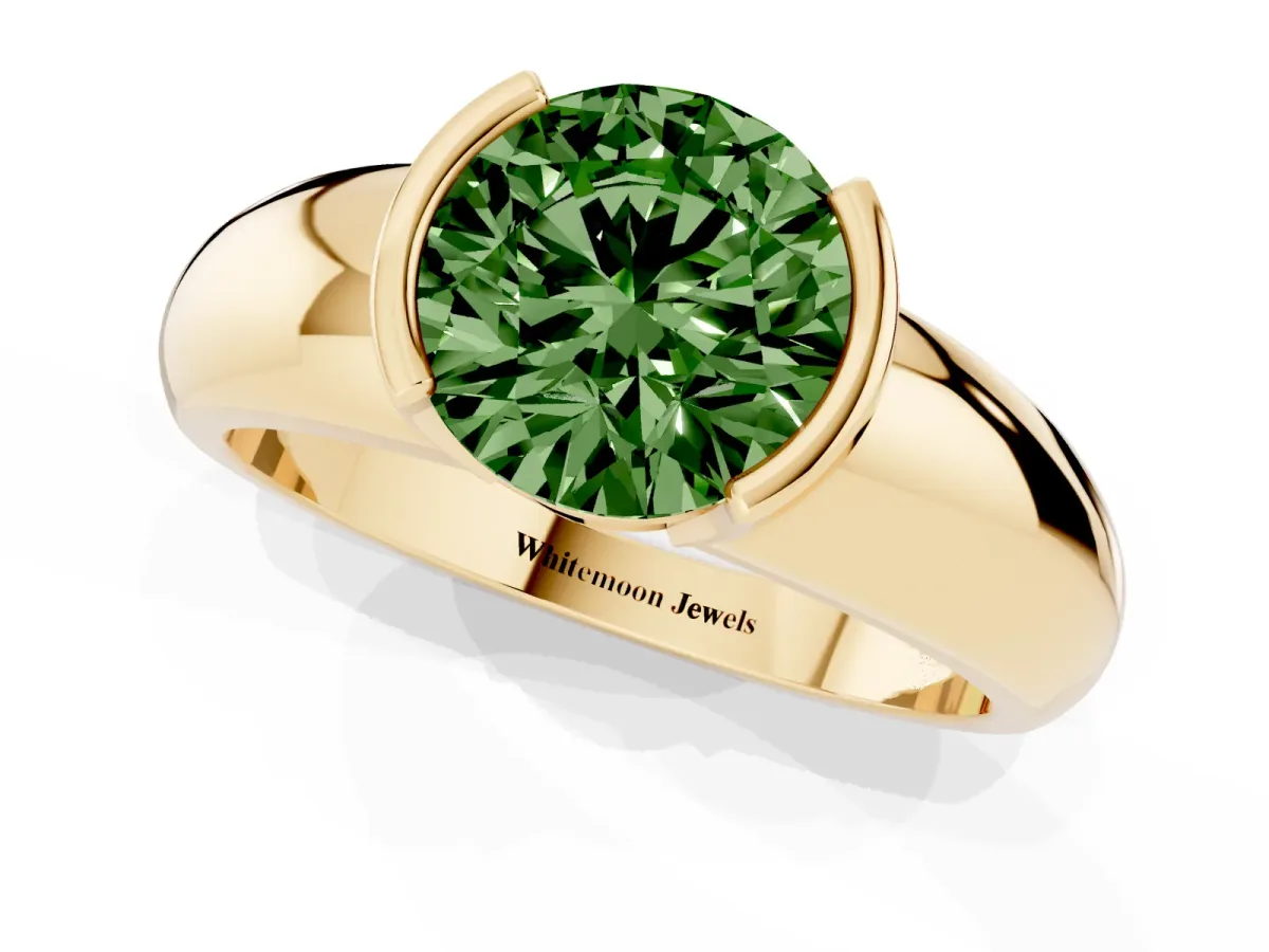 Fancy Green Round Cut Solitaire Tension Set Diamond Ring with Wide Band Yellow gold