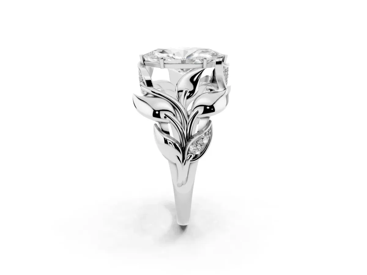 Marquise Cut Diamond Leaf-Inspired Engagement Ring with Round Accents and Prong Setting Platinum