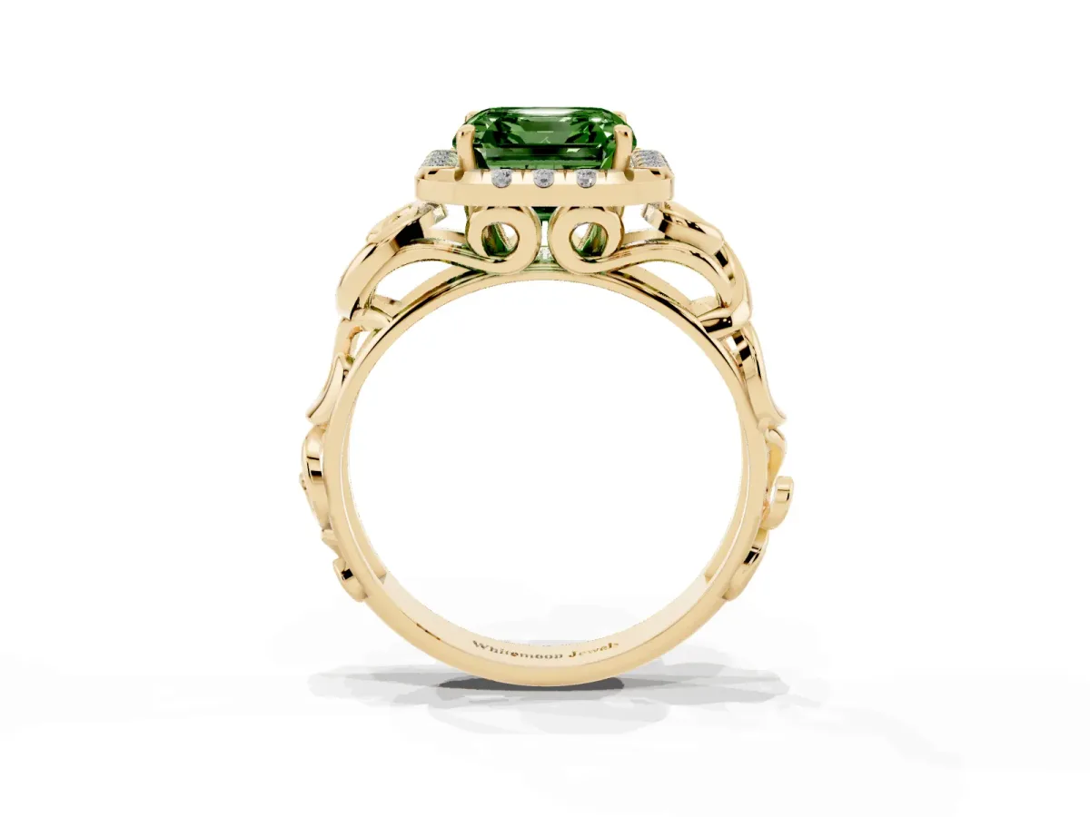 Fancy Green Asscher Cut Cut Halo Diamond Ring with Scrollwork Band and Four-Prong Setting Yellow gold