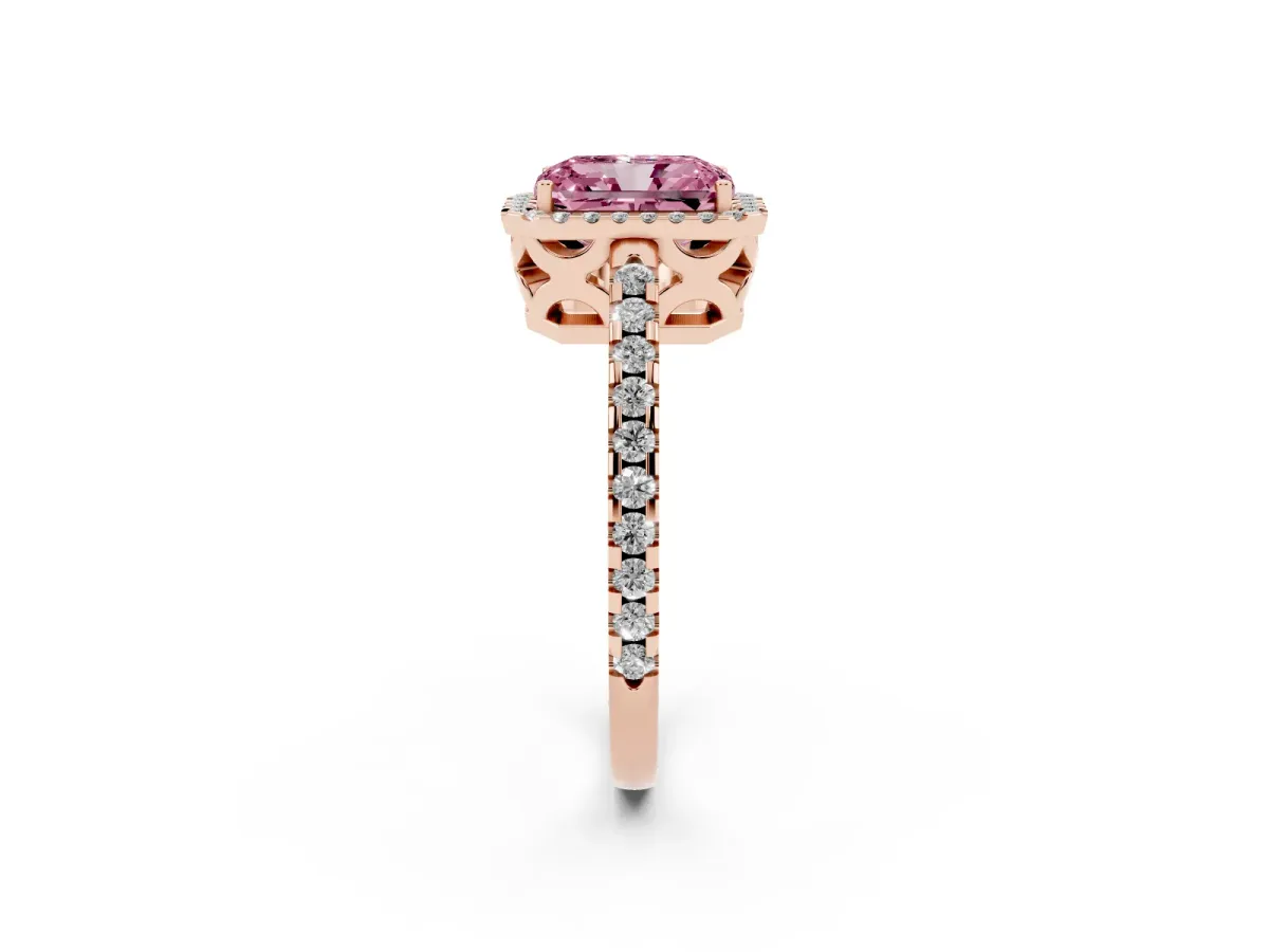 Fancy Pink Radiant Cut Diamond Halo Engagement Ring with Pavé Band and Prong Setting Rose gold