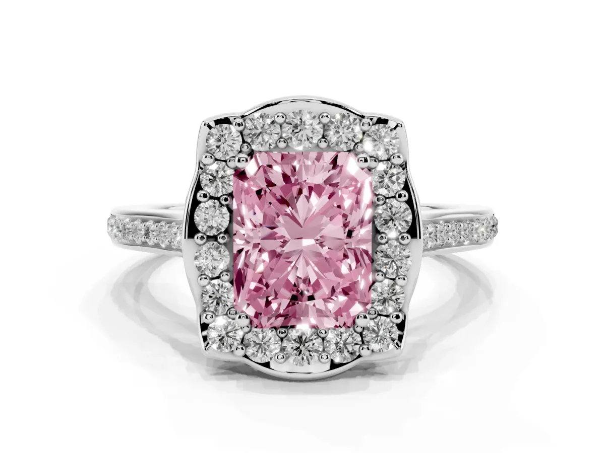 Fancy Pink Radiant Cut Halo Round Diamond Pave Band with Four-Prong Setting Platinum