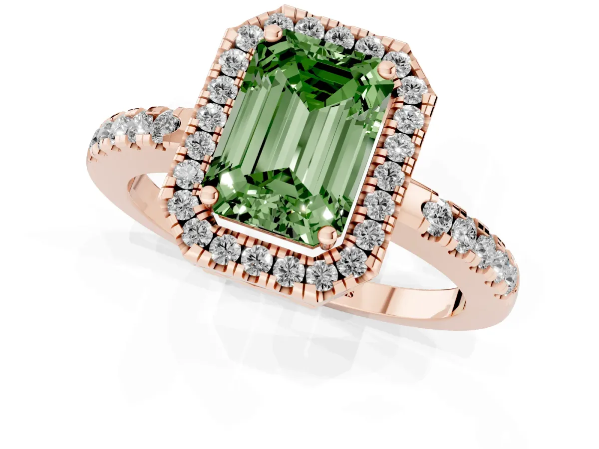 Fancy Green Emerald Cut Halo Diamond Engagement Ring with Pavé Band and Four-Prong Setting Rose gold