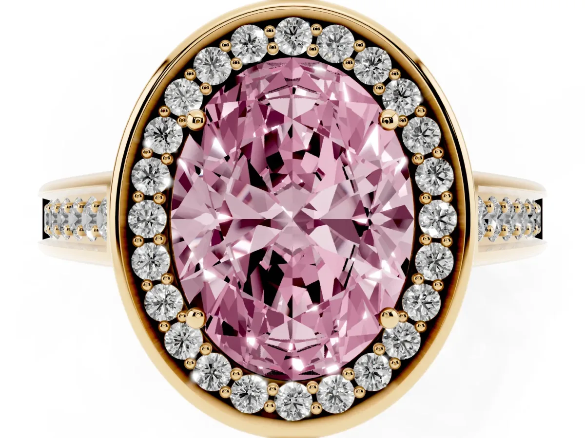 Fancy Pink Oval Cut Halo Solitaire Diamond Ring with Pave Band and Bezel Setting Yellow gold