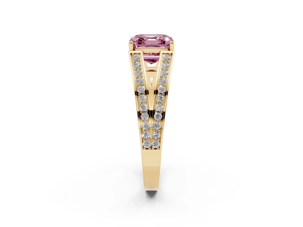 Fancy Pink Asscher Cut Diamond Split Shank Ring with Pavé Band and Four-Prong Setting Yellow gold