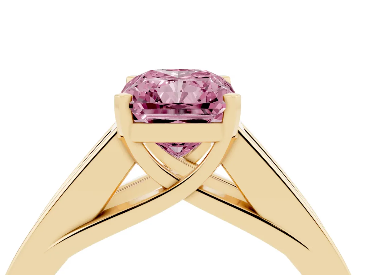 Fancy Pink Radiant Cut Cut Channel Set Solitaire Ring with Four-Prong Setting Yellow gold