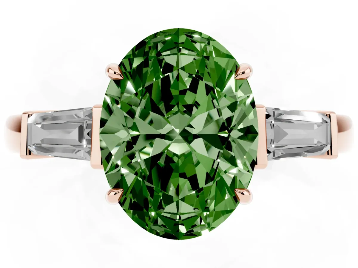 Fancy Green Oval Cut Diamond Three-Stone Ring with Tapered Baguette Side Stones and Prong Setting Rose gold