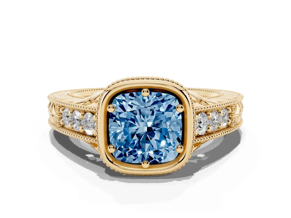 Fancy Blue Bezel Set Cushion Cut Diamond Milgrain Pave Engagement Ring Yellow gold