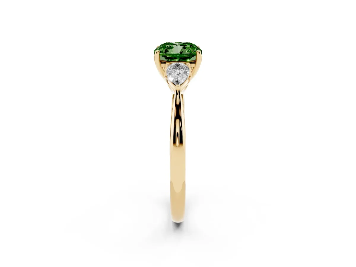 Fancy Green Cushion Cut Diamond Three-Stone Ring with Pear Side Stones and Prong Setting Yellow gold