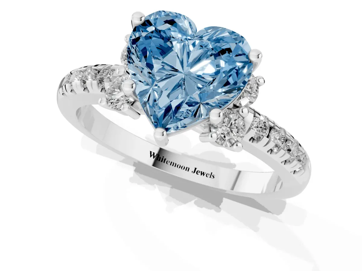 Fancy Blue Heart Cut Diamond Three-Stone Pave Band with Four-Prong Setting Silver