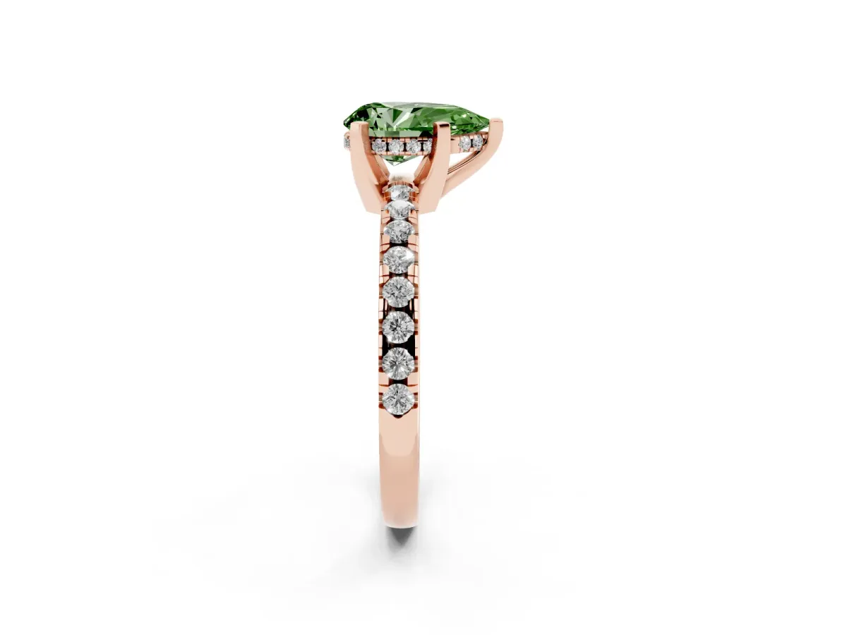 Fancy Green Pear Cut Diamond Solitaire Ring with Round Pavé Band and Four-Prong Setting Rose gold