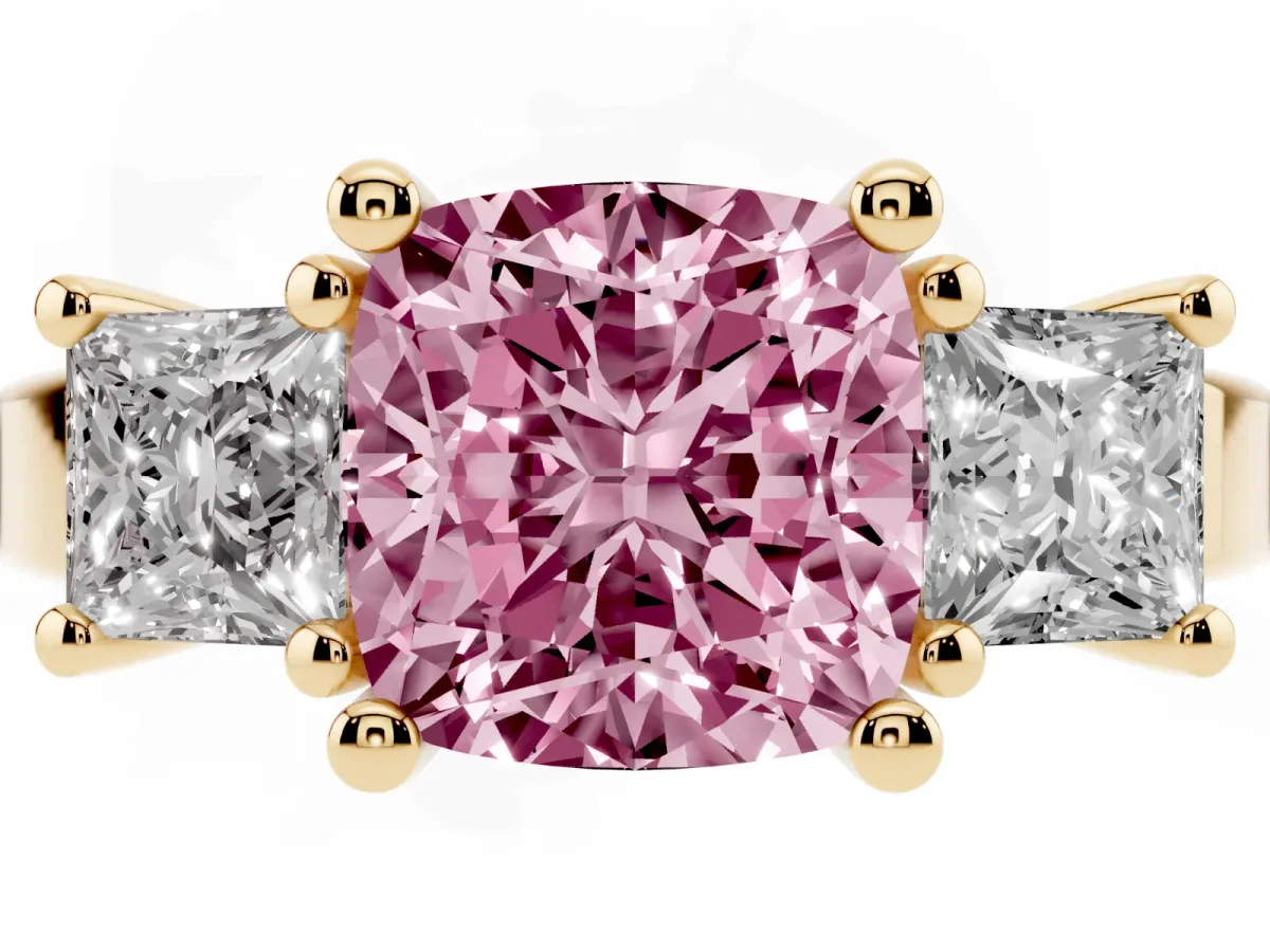 Fancy Pink Three-Stone Cushion Cut Cut Solitaire Ring with Prong Setting Yellow gold