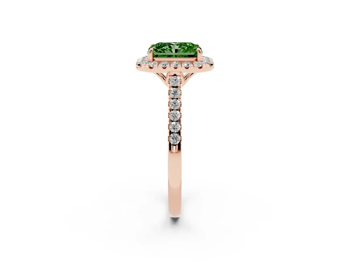 Fancy Green Radiant Cut Halo Pavé Diamond Engagement Ring with Four-Prong Setting Rose gold