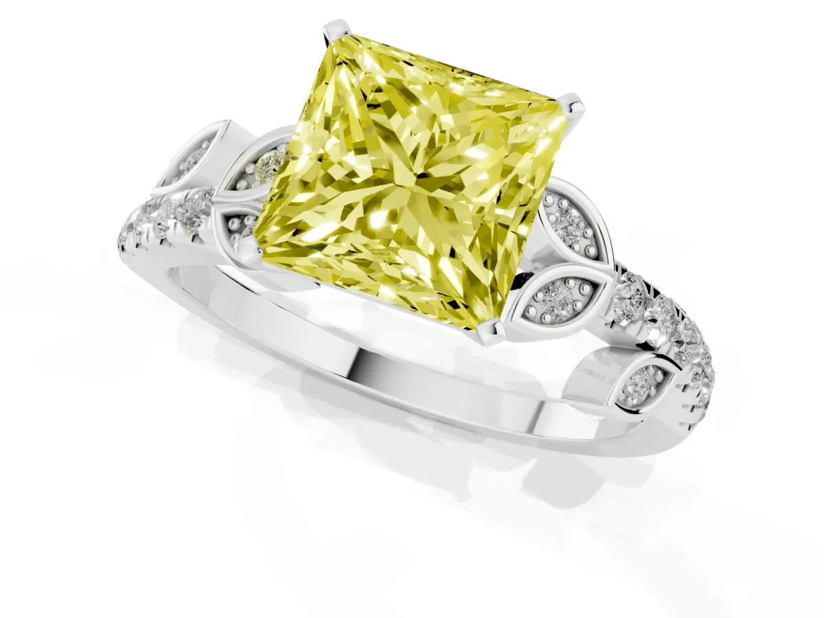 Fancy Yellow Princess Cut Solitaire Leaf-Inspired Diamond Ring with Pavé Band and Four-Prong Setting Platinum