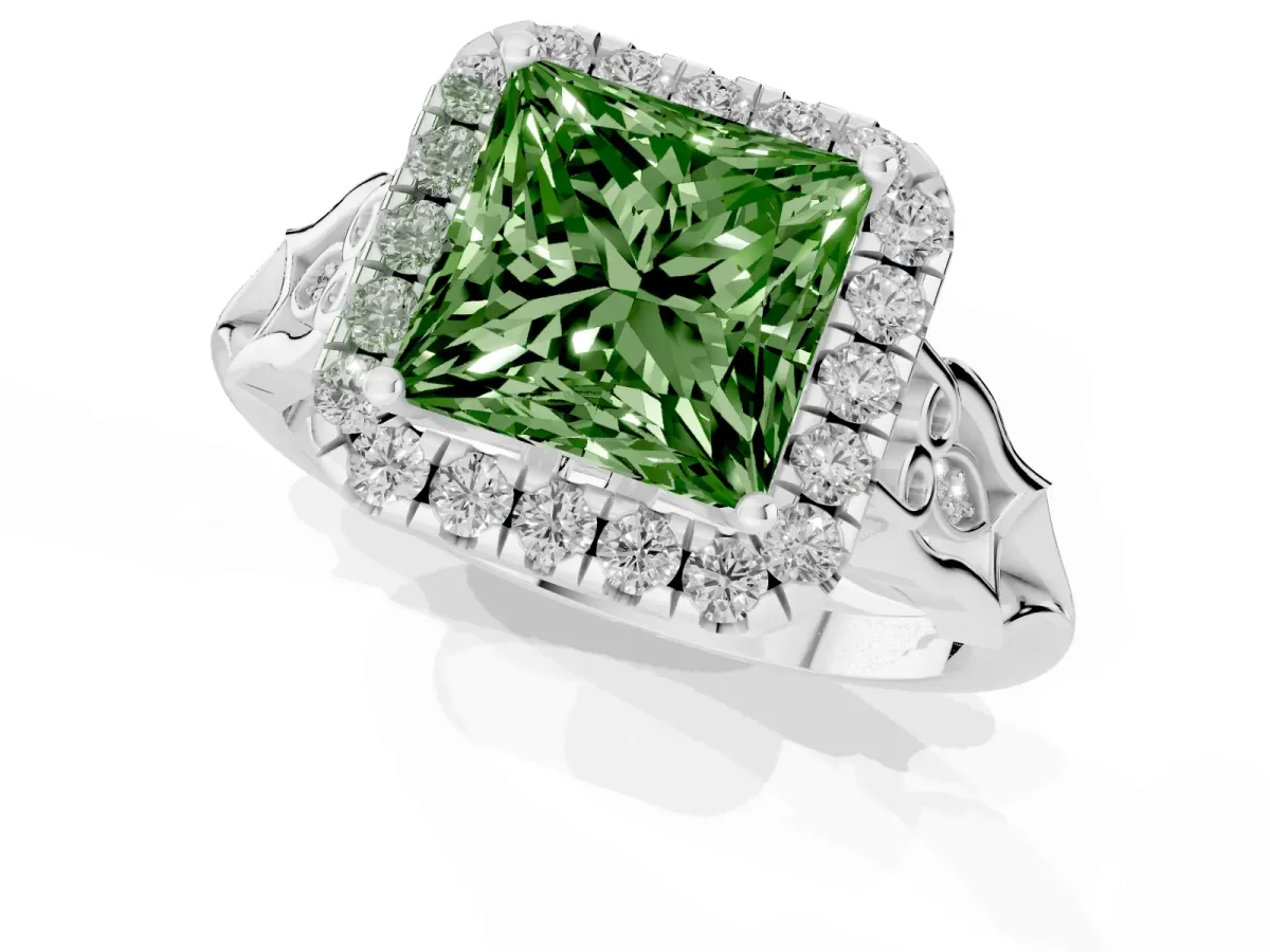 Fancy Green Princess Cut Halo Diamond Engagement Ring with Filigree Band and Four-Prong Setting Platinum
