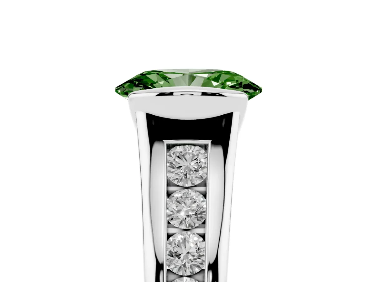 Fancy Green Oval Cut Solitaire Bezel-Set Diamond Ring with Channel-Set Band Silver