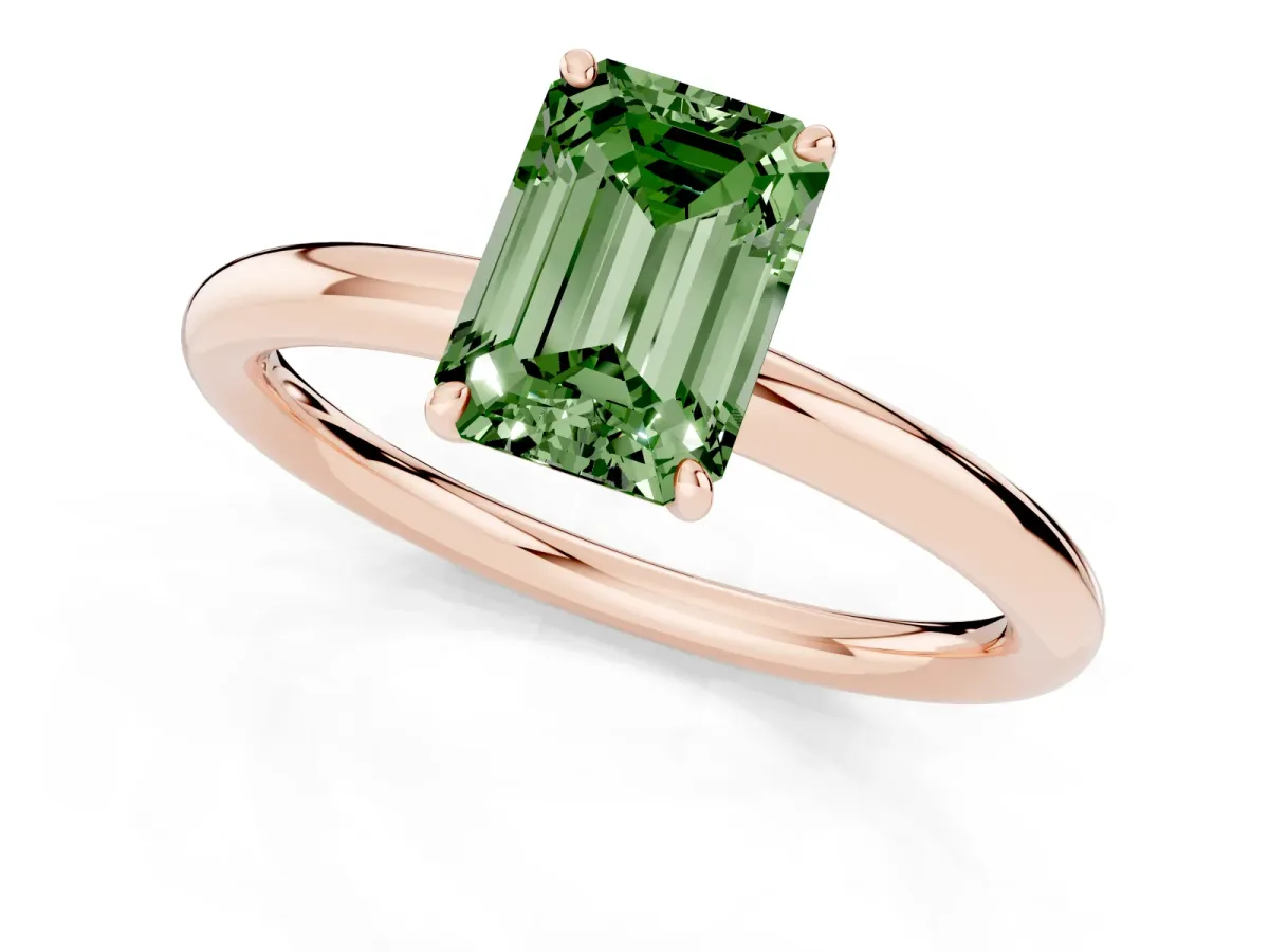 Fancy Green Emerald Cut Solitaire Diamond Ring with Four-Prong Setting on a Plain Band Rose gold
